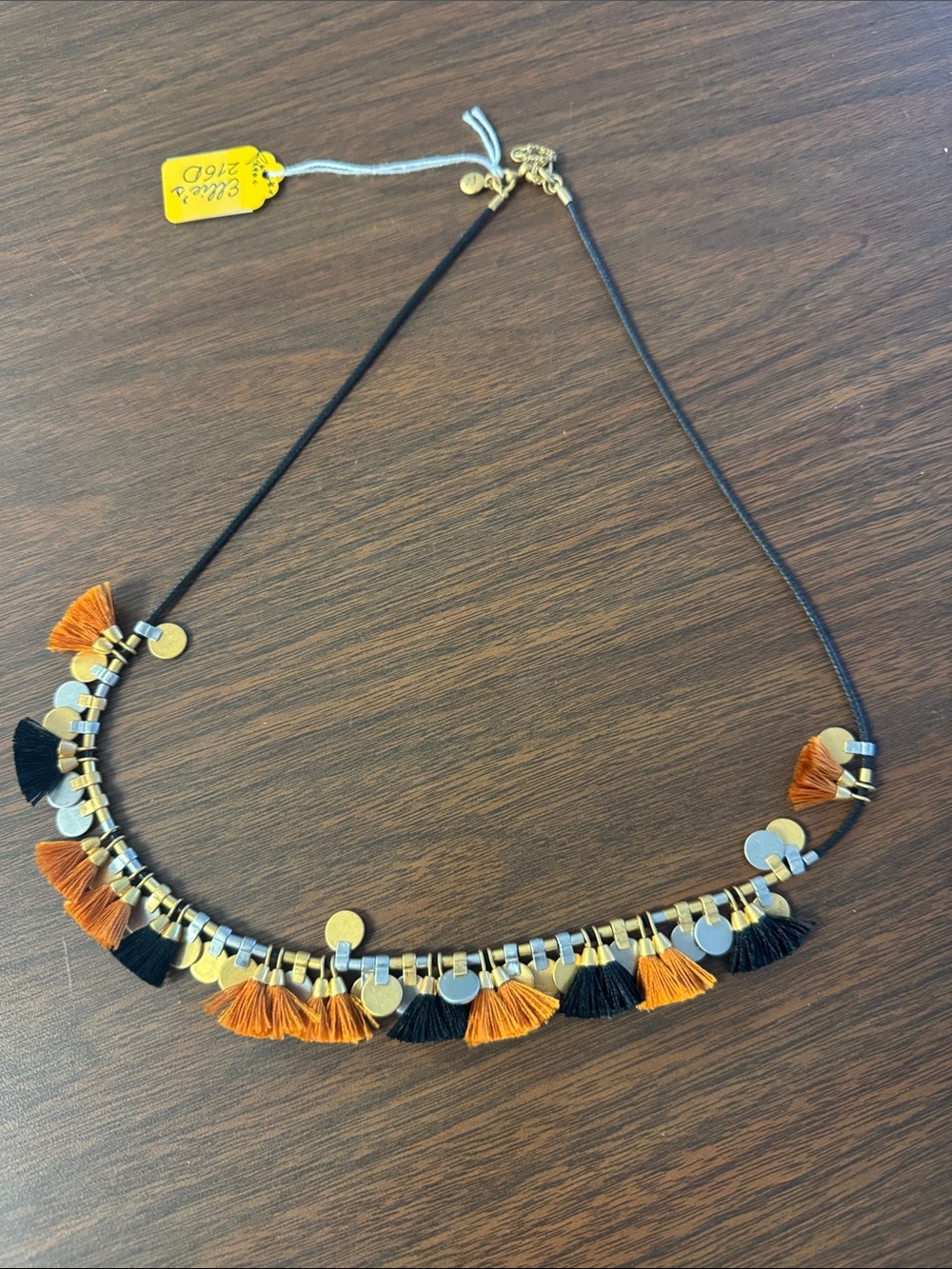 Tassel Accent Women's Necklace in Black & Orange with Gold Discs